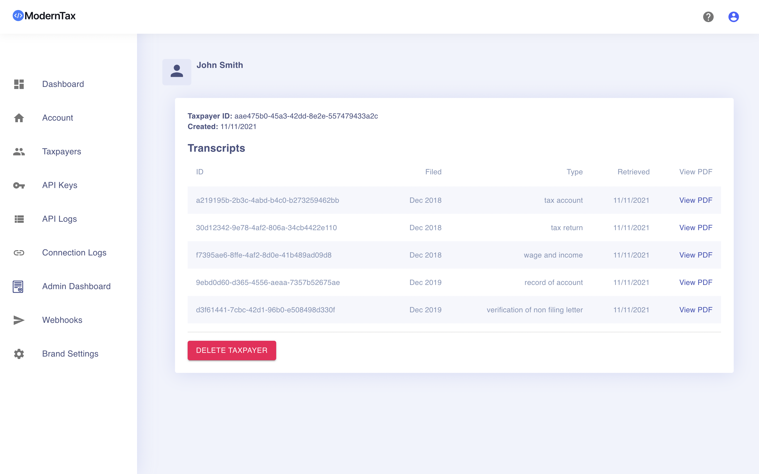 ModernTax dashboard